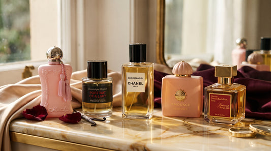 Parfums de niche pour femme : Delina, Portrait of a Lady, Coromandel, Guidance et Baccarat Rouge 540 sur du marbre | Niche.ma