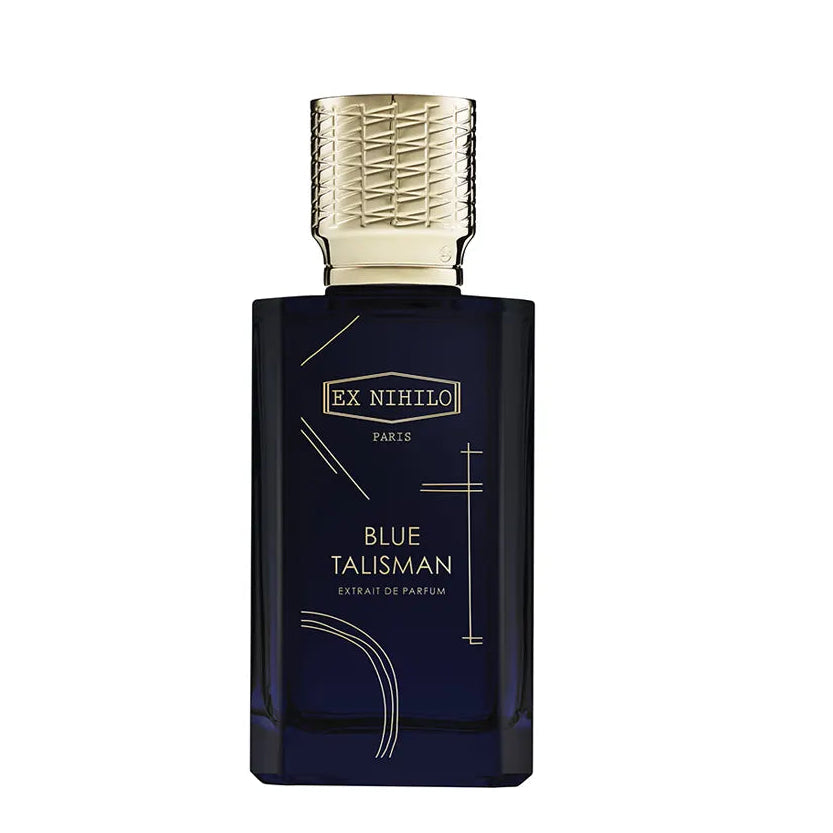 Perfume bottle labeled 'Ex Nihilo Blue Talisman' on a white background