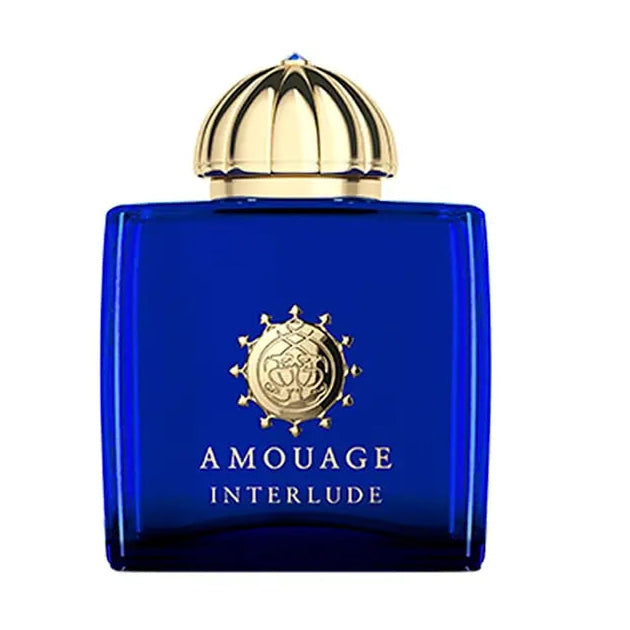 Blue Amouage Interlude perfume bottle with gold cap on a white background