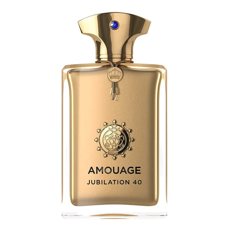 Gold Amouage Jubilation 40 perfume bottle on a white background
