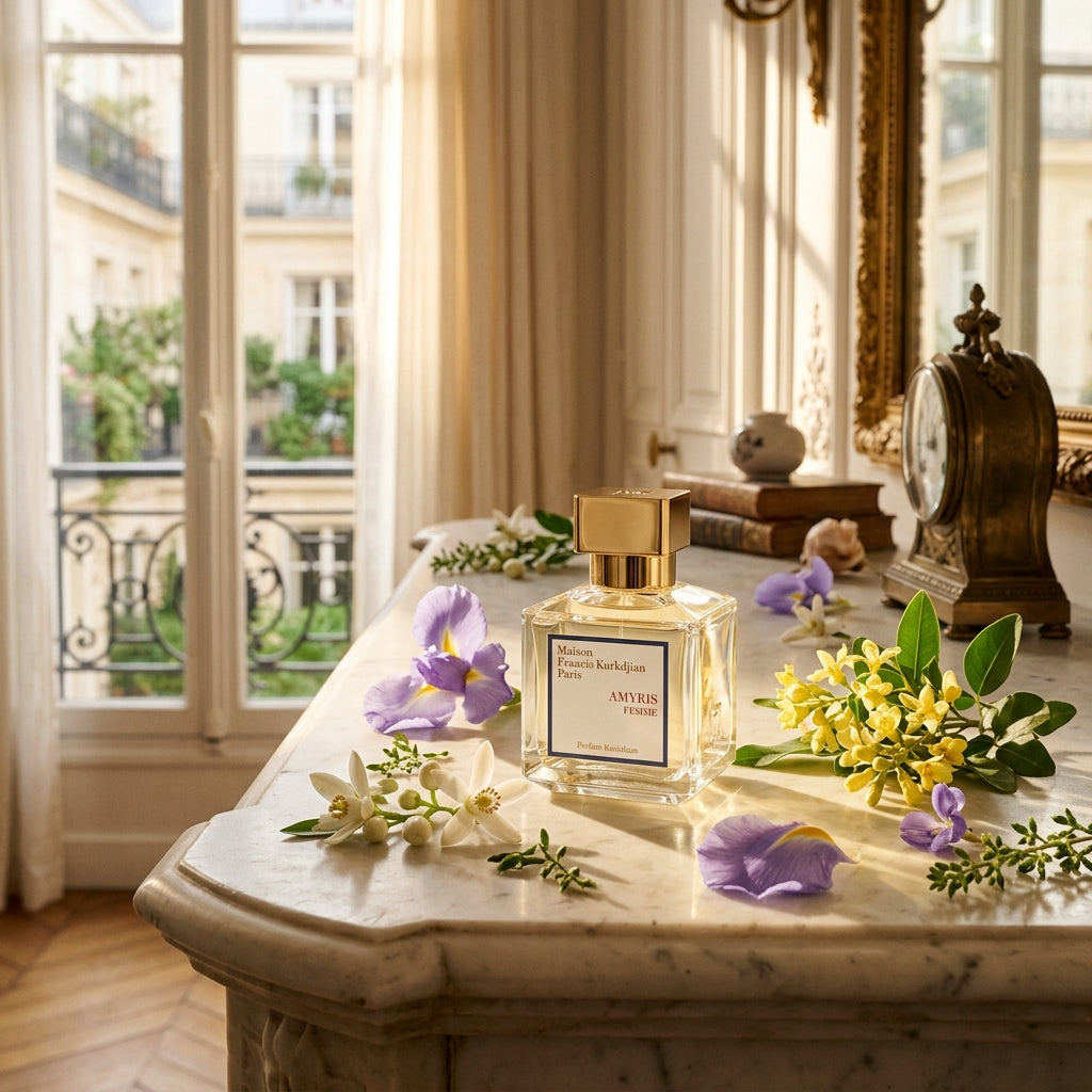 Maison Francis Kurkdjian Amyris Femme flacon ambiance cheminee en marbre et fleurs de citronnier Maroc | Niche.ma