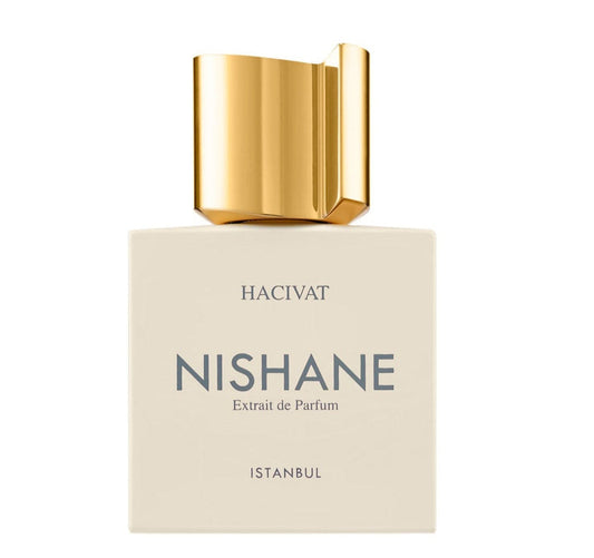 Nishane Hacivat perfume bottle with gold cap on a white background