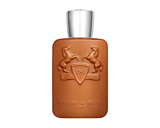 Brown perfume bottle with silver cap on a white background