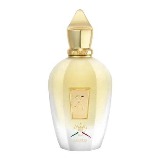 Xerjoff Naxos bottle with gold cap and label on a white background